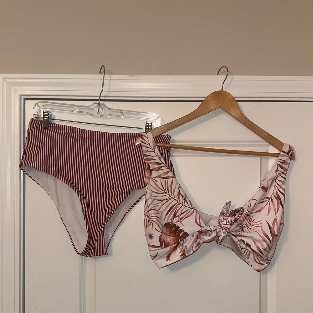 SHEIN white/burgundy striped bikini set